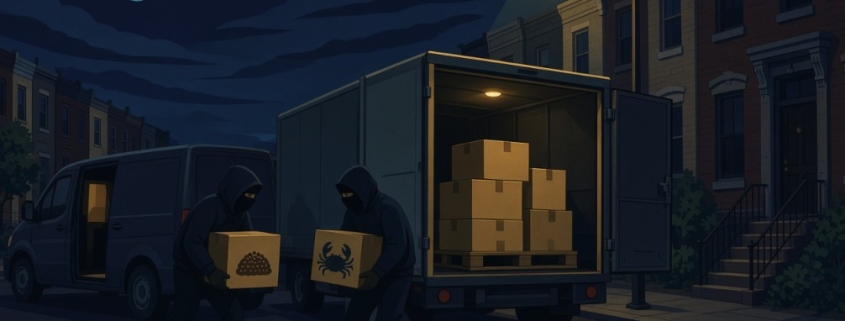 Fostoria News Nighttime street with two thieves unloading boxes from a truck.